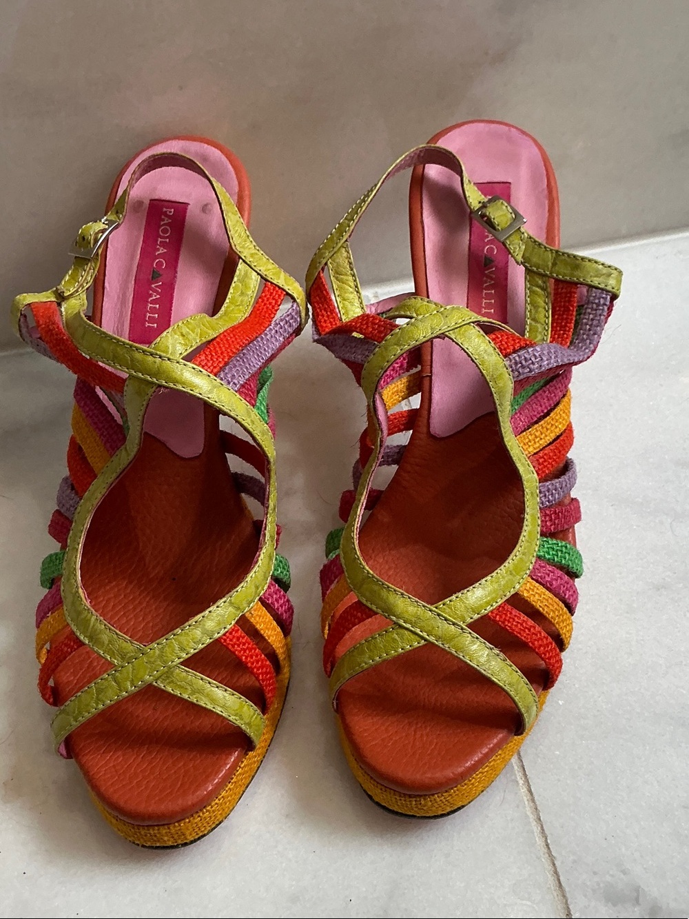 Multicolor Strappy Slingback Sandals - Pink/Orange/Green